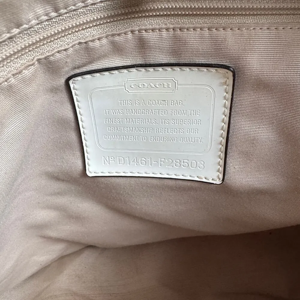 Coach Signature Monogram Satin Stripe Tan Canvas White Leather Devin Bag